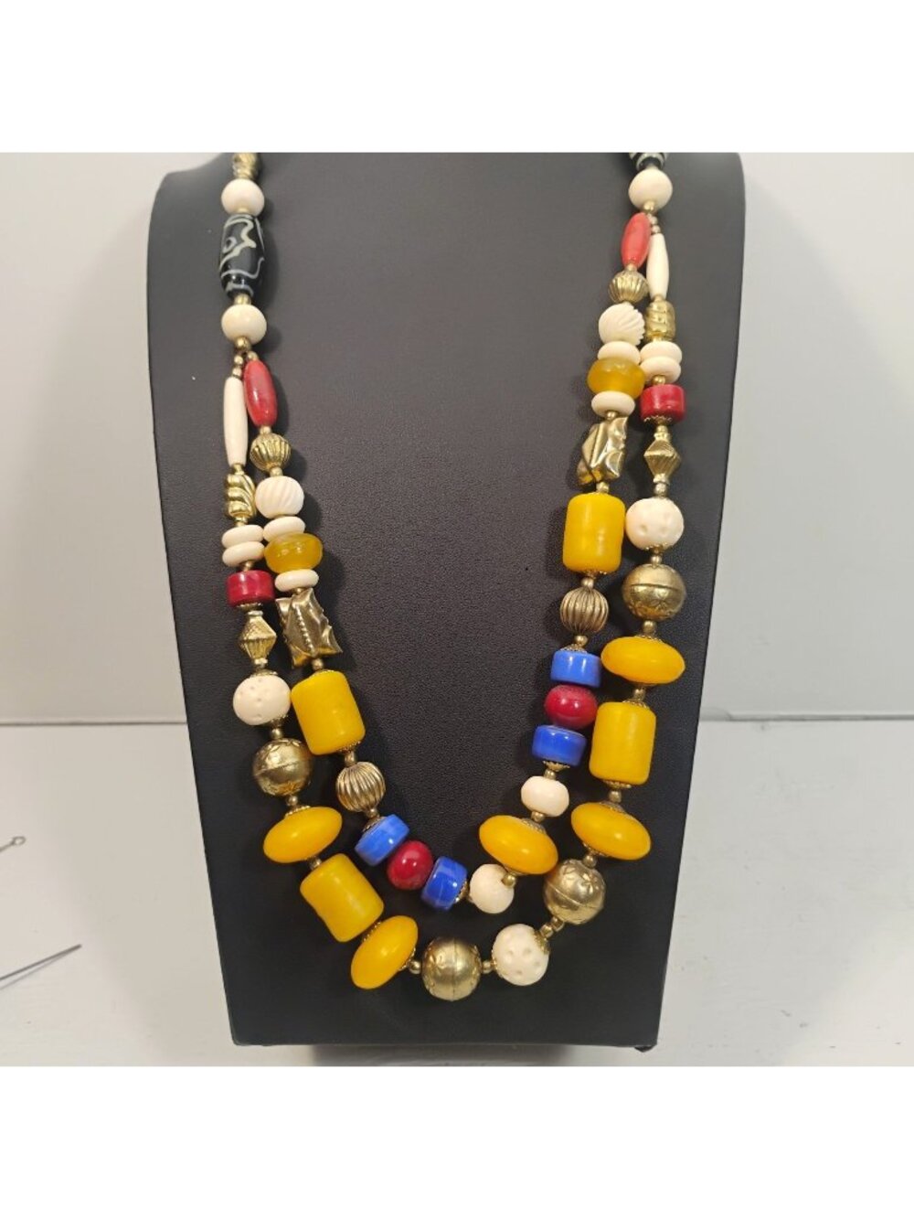 Large Chunky Tribal Bead & Brass Necklace Double Strand Faux Amber Glass Beads